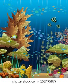 Nature vector seascape with underwater creatures and coral reef