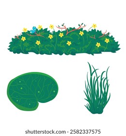 Nature vector set with green bush, yellow flowers, grass, and lily pad. Perfect for landscape design.