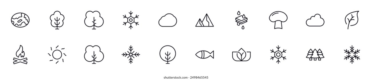 Nature vector symbols drawn with black thin line. Editable stroke. Simple linear illustration that can be used as a design element for apps and websites 