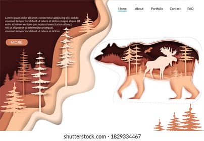 Nature vector website template, landing page design for website, mobile site development. Paper cut bear silhouette with forest landscape, elk inside. Beauty of nature. Save animals, protect wildlife.