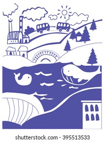 nature vector. whale. river. bus