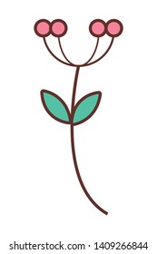 Nature vegetation round pink flower with two green leaves drawing isolated vector illustration graphic design