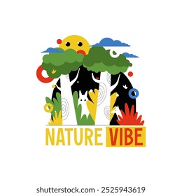 Nature Vibe with Colorful Forest Tree and Foliage Childish Vector Illustration. Bright Woodland Magic Land