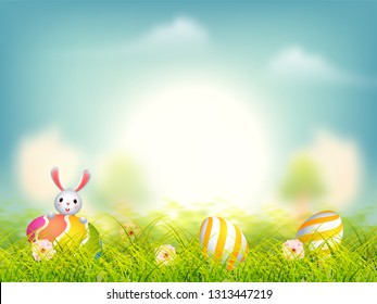 Nature view background with cute bunny and easter eggs illustration.