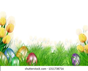 Nature view background decorated with tulip flowers and realistic easter eggs.