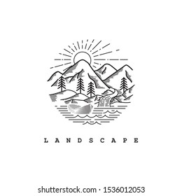 Nature view illustration with line art style logo design template