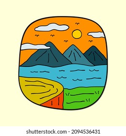 nature view, mountain and sea - line badge patch pin graphic illustration vector art t-shirt design