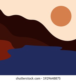 Nature view: Mountains, Coast, Hills, Sun, Sunset, Day, Lake, River. Landscape. Flat abstract landscape. Hand-drawn trendy vector illustrations. Fashionable Scandinavian style.
