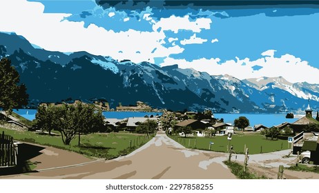 Nature view with mountains, rivers, villages and sky. vector