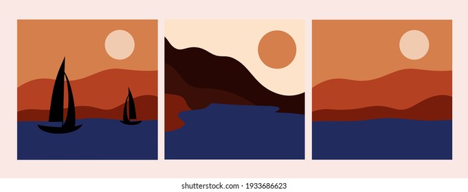 Vista natural: Montañas, Sol, Atardecer, Día, Río, Lago, Barco, Noche. Un paisaje plano y abstracto. Un conjunto de tres ilustraciones vectoriales de moda dibujadas a mano. Estilo escandinavo.