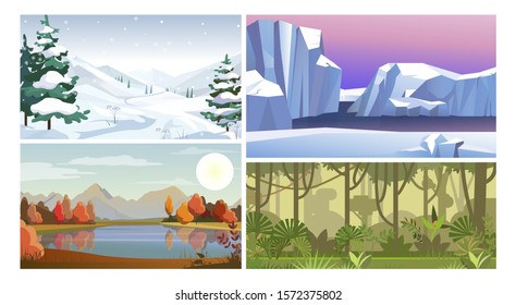 Nature views flat vector illustration set. Jungle, mountains, lake. Tourism and nature concept