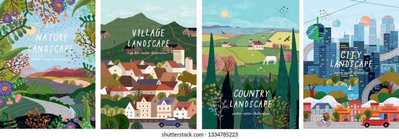 Nature, village, country, city landscapes. Vector illustration of natural, urban and rustic background for poster, banner, card, brochure or cover. - Shutterstock ID 1334785223
