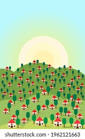 Nature, village, country, city landscapes. Natural vector illustration. For poster, banner, card, brochure or cover. Village in the middle of the valley.