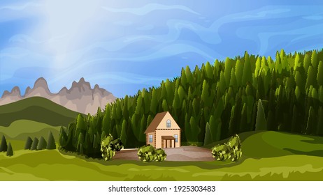 Naturaleza, pueblo, bosque, montañas.Ilustración vectorial de fondo rústico natural para afiches, pancartas, postales, folleto o cubierta.