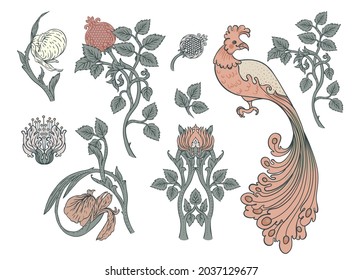 Nature vintage elements. Enchanted Vintage Flowers and bird.  Arts and Crafts movement inspired. Vector design elements. Isolated on white.