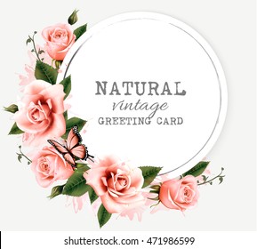 Nature vintage greeting card with beauty flowers and butterfly. Vector.