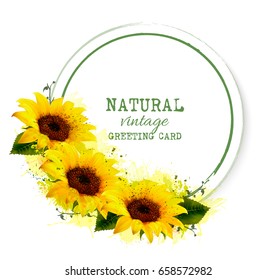 Nature vintage greeting card with yellow sunflowers. Vector.