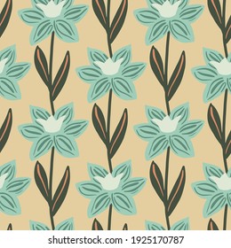 Nature vintage seamless pattern with blue contoured simple flower silhouettes. Beige background. Flat vector print for textile, fabric, giftwrap, wallpapers. Endless illustration.