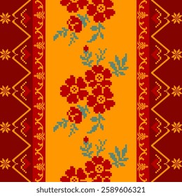 Nature vintages cross stitch traditional ethnic pattern paisley flower Ikat background abstract Aztec African Indonesian Indian seamless pattern for fabric print cloth dress carpet curtains and sarong