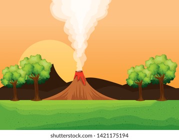 nature volcano smoke with mountains and trees with sun