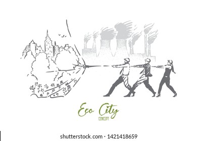 Nature vs industry metaphor, ecology activists saving green city area. Air pollution from plants, factories, industrial production, threat to environment concept sketch. Hand drawn vector illustration