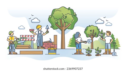 Nature vs urbanization as different contrast areas for living outline concept. House construction and deforestation versus tree sapling for forest vector illustration. Urban or nature environment.