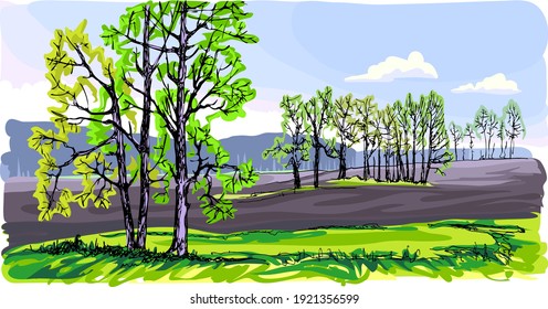 Nature wakes up after a winter sleep. The grass turns green and young leaves have appeared on the trees. The field has been plowed up and sown. Clouds float across the blue sky.