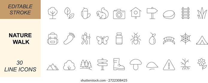 Nature Walk vector icon set with line art designs of trees, leaves, hiking, trails, mountains, rivers, and wildlife. Perfect for apps, web, outdoor, travel, and UI projects. Editable stroke.