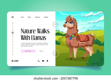 Nature walks with llamas banner. Vector landing page with cartoon illustration of cute alpaca on green meadows. Website template with highland landscape with adorable guanaco