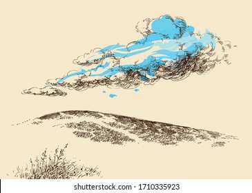 Nature wallpaper, clouds on the top of the hill vector hand drawing