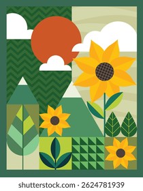 Nature wallpaper layout with blooming sunflower field and mountain landscape in the background perfect for calm scenery designs and seasonal graphic projects
