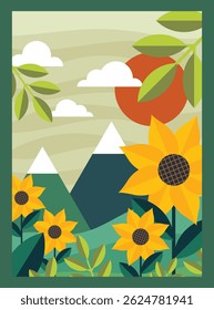 Nature wallpaper layout with blooming sunflower field and mountain landscape in the background perfect for calm scenery designs and seasonal graphic projects