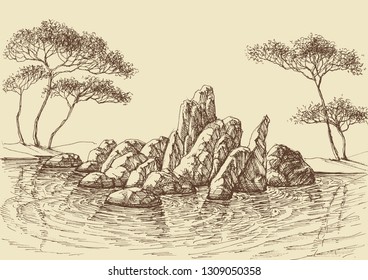 Nature wallpaper, rocks in the sea hand drawing