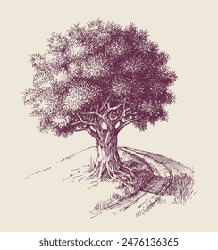 Nature wallpaper, a tree in bloom on a hill hand drawing