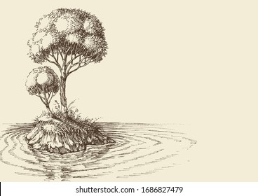 Nature wallpaper, two trees on a small island vector hand drawing