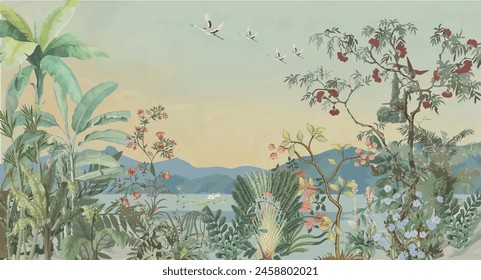 Nature wallpaper, watercolor background, birds,tree, Natural wallpaper.