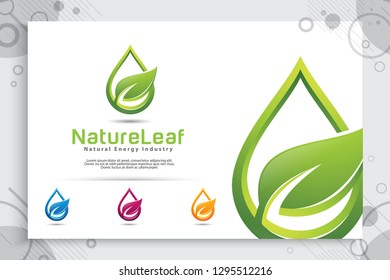 nature water drop vector logo design with modern style color concept, symbol illustration fresh leaf and water for technology and energy industry company.