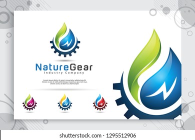 : nature water drop vector logo design with gears cogs concept , illustration of fresh water and gear cog for energy ecology and industrial company