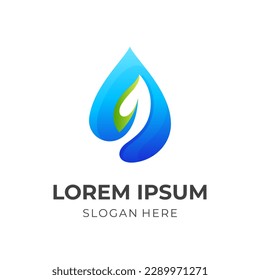 nature water logo design, water and leaf combination logo with 3d blue and green color style
