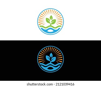 Nature And Water Logo Design With Plant Symbol, Sun Power, Energy Solar Icon Vector Template.
