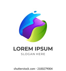 nature water logo, water and leaf, combination logo vector with 3d colorful style
