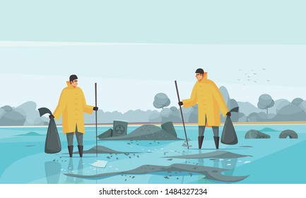 Nature water pollution composition with flat doodle characters of toxic waste collectors in dirty water scenery vector illustration