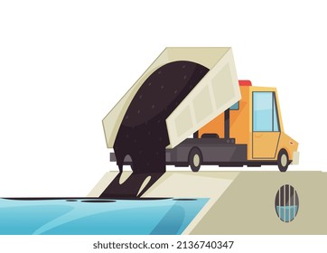 Nature water pollution composition with image of truck spoiling rubbish into water vector illustration