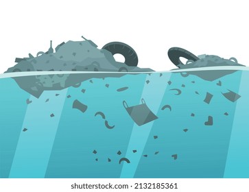 Nature water pollution composition with pieces of rubbish floating on the water surface vector illustration