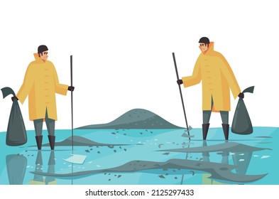 Nature water pollution composition with view of shallowed river with collectors gathering rubbish vector illustration