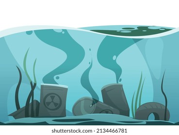 Nature water pollution composition with view of toxic waste at bottom of river vector illustration