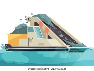 Nature water pollution composition with view of cleaning conveyor platform gathering waste in water vector illustration