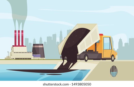Nature water pollution flat composition with view of factory buildings and truck spilling waste into water vector illustration