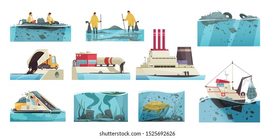 Nature water pollution set of isolated icons with flat underwater landscapes and waste collecting appliances workers vector illustration