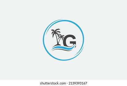 Diseño del logo de arte vectorial de la ola de agua de la naturaleza y del árbol de playa con letra y alfabeto